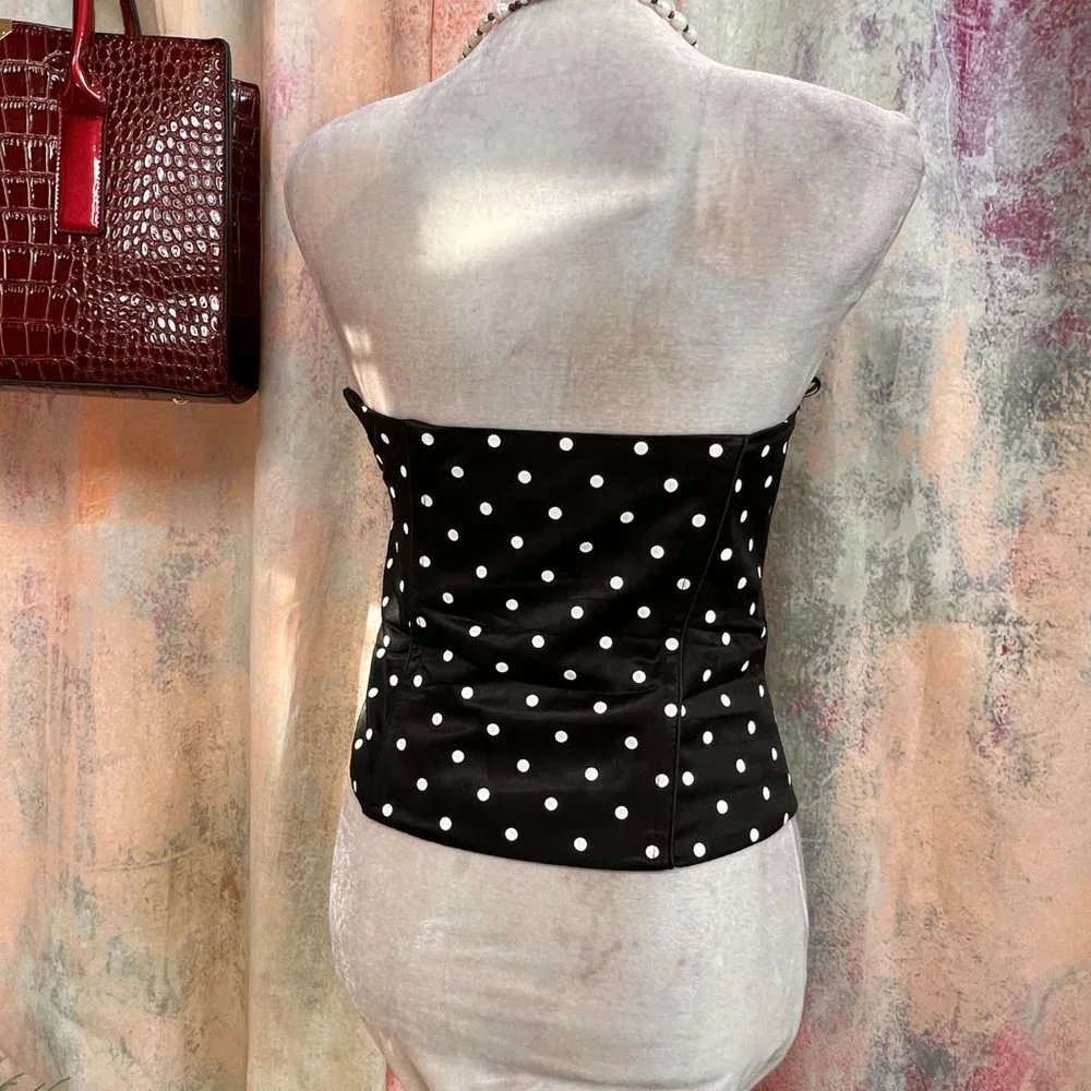 πSixthsense Sexy Corsage Top Black with White Polka Dots & Zipper on the Side - Picture 2 of 15